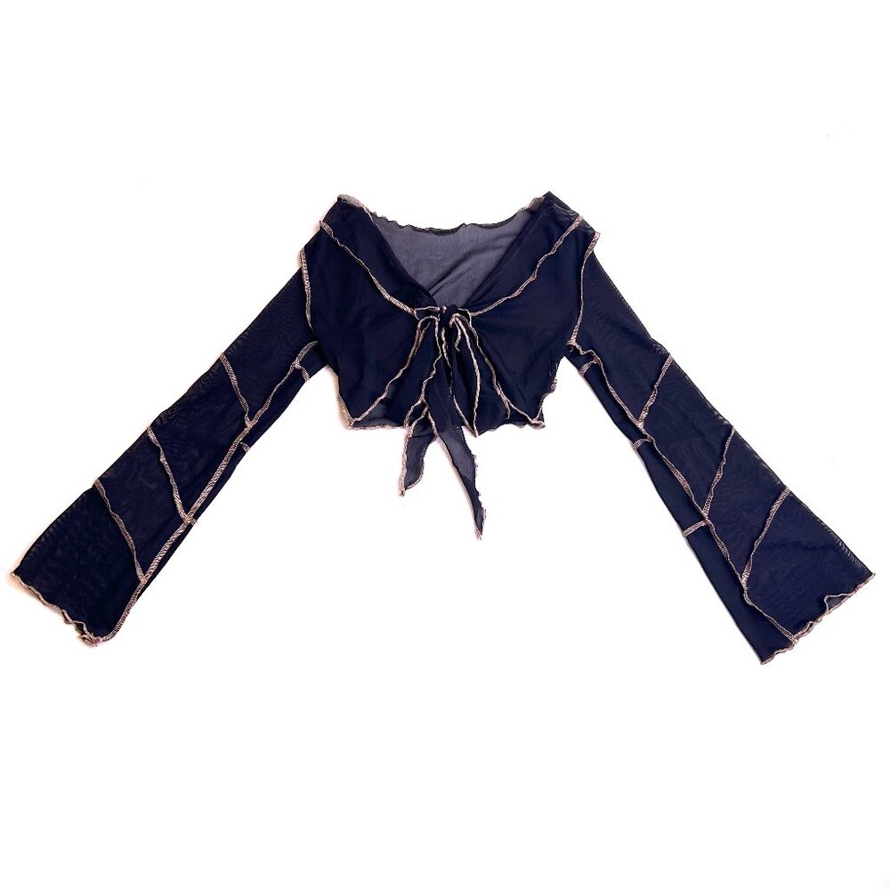 mesh see through long sleeve crop top w/ beige stitching and middle knot